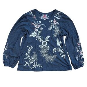 Johnny Was Navy Floral Embroidered Peasant Blouse